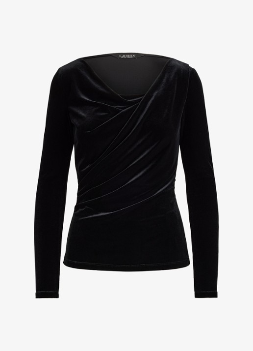 Ralph Lauren Top van fluweel met plooidetail en asymmetrische hals - voorkant 2 black velvet / zwart