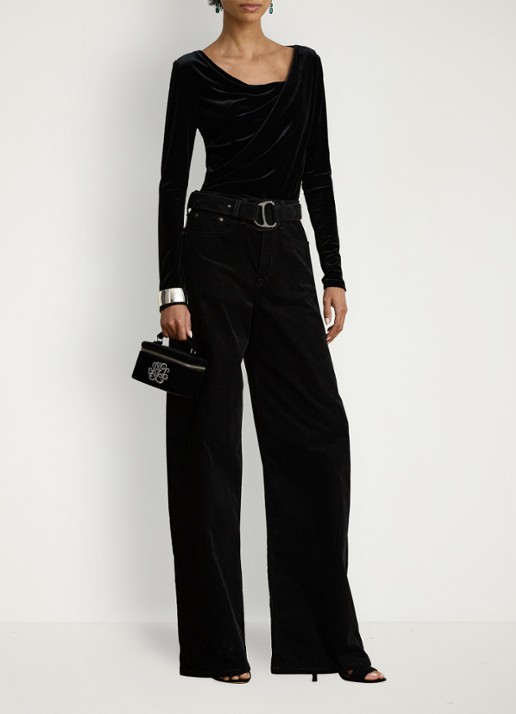 Ralph Lauren Top van fluweel met plooidetail en asymmetrische hals - voorkant 3 black velvet / zwart