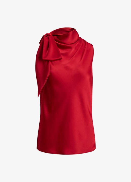 Ralph Lauren Top van satijn met sjaalkraag - voorkant ralph red / rood