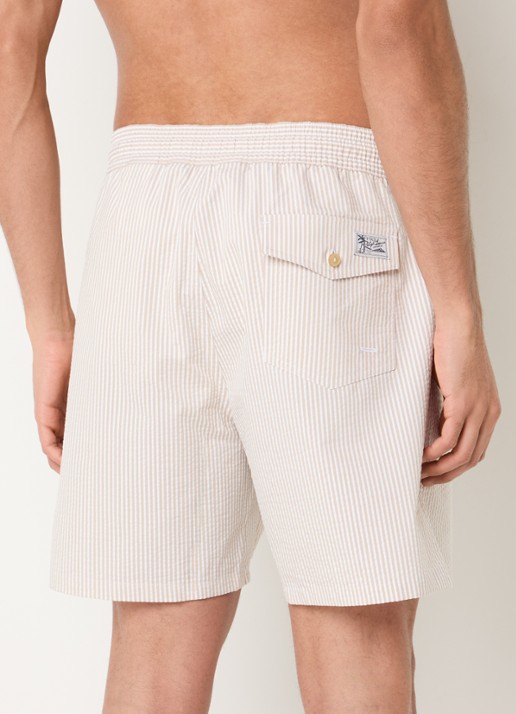 Ralph Lauren Traveler zwemshorts met streepprint en steekzakken - achterkant 2 coastal beige seersucker / beige