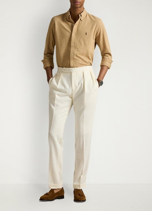 Ralph Lauren Vederlicht mesh overhemd - voorkant 4 classic camel heather / beige