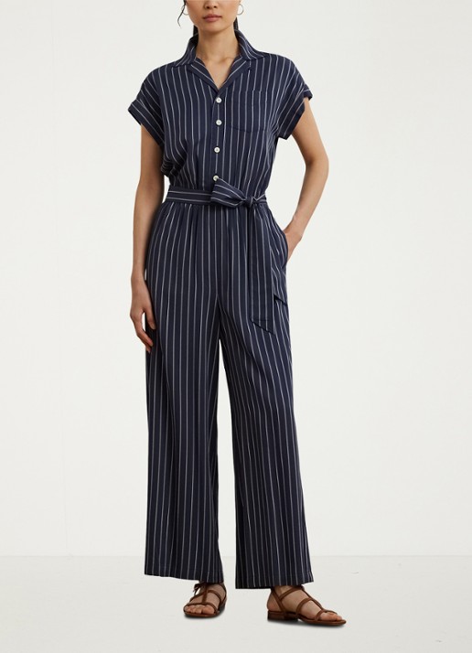 Ralph Lauren Wide fit jumpsuit met streepprint - voorkant 3 blauw