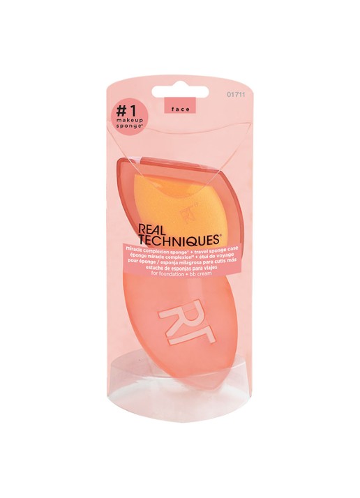 Real Techniques Miracle Complexion Sponge + Case - make-upspons met houder - mini - voorkant 4 oranje
