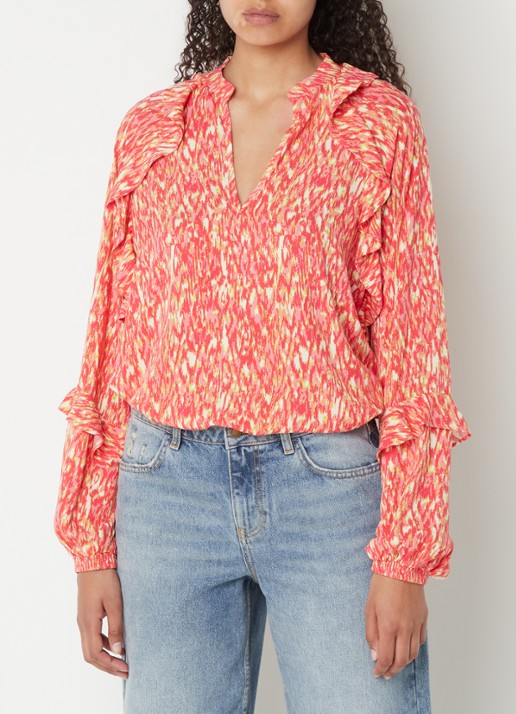 Refined Department Roma blouse met V-hals en ruches  - detail koraalroze