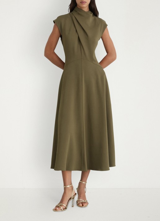 Reiss ALMA midi A-lijn jurk met plooien  - voorkant 2 khaki