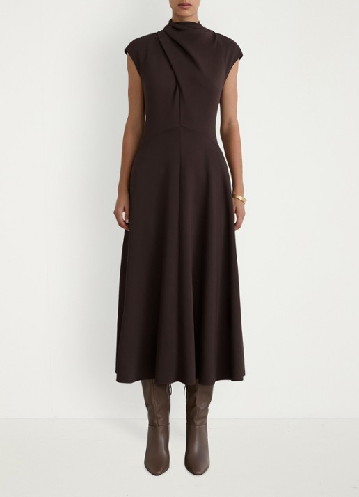 Reiss ALMA midi A-lijn jurk met plooien  - voorkant 5 aubergine