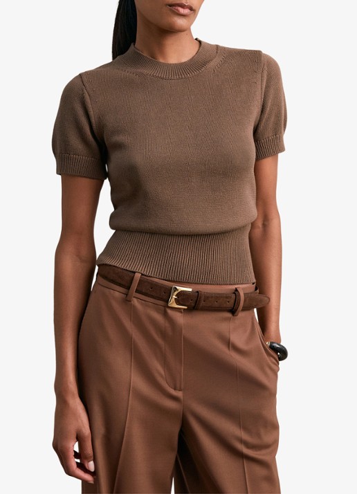 Reiss Anita fijngebreid T-shirt in wolblend - detail bruin