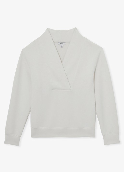 Reiss ANNABEL Premium Interlock Shawl-Neck Sweatshirt with Modal - voorkant 4 wit