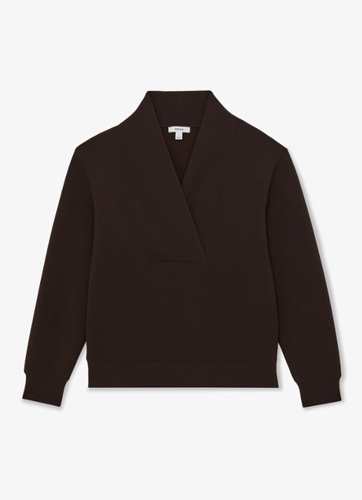Reiss ANNABEL Premium Interlock Shawl-Neck Sweatshirt with Modal - voorkant chocoladebruin