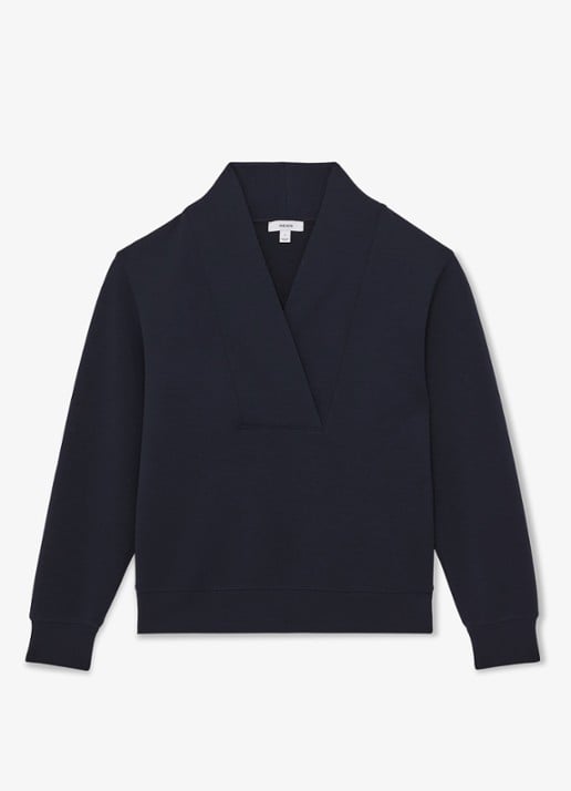 Reiss ANNABEL Premium Interlock Shawl-Neck Sweatshirt with Modal - voorkant 2 blauw