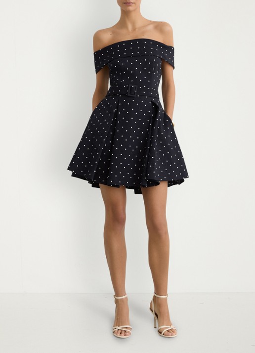 Reiss Arwen mini jurk met stippenprint - voorkant 7 donkerblauw