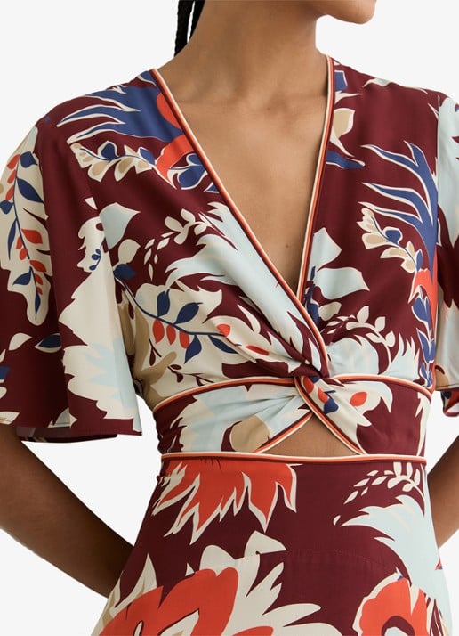 Reiss Asha midi jurk met print en cut-out details - detail 4 bordeauxrood