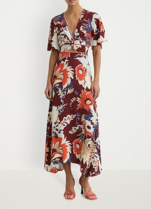 Reiss Asha midi jurk met print en cut-out details - voorkant 2 bordeauxrood