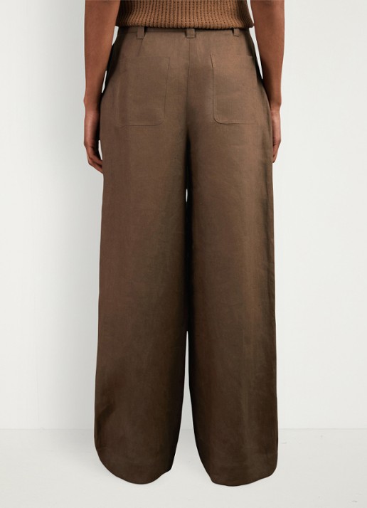 Reiss Ashby mid waist wide fit broek van linnen met steekzakken - achterkant 2 chocoladebruin