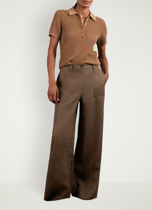 Reiss Ashby mid waist wide fit broek van linnen met steekzakken - detail 3 chocoladebruin