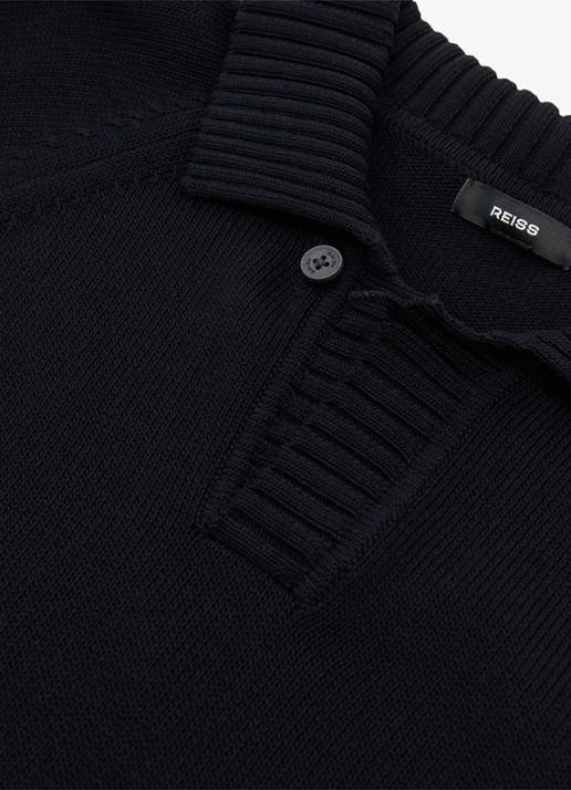 Reiss Ashdown Cotton Open-Collar Polo Jumper  - detail 4 zwart