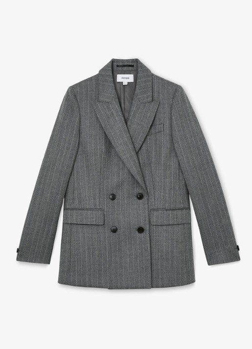 Reiss Astrid double-breasted blazer van wol met streepprint - voorkant grijs