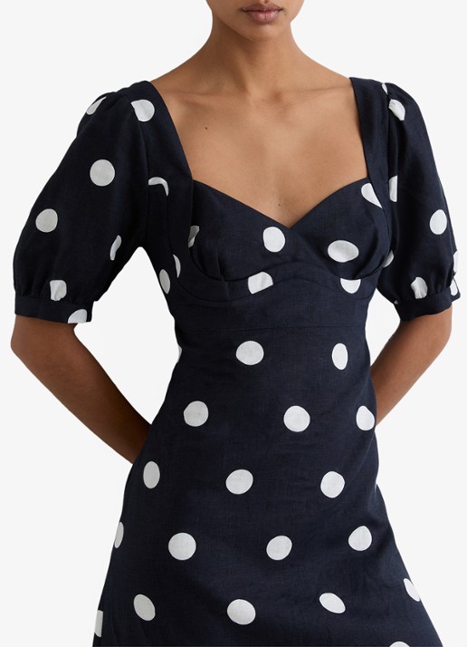 Reiss Astrid midi jurk van linnen met pofmouw - detail 3 zwart