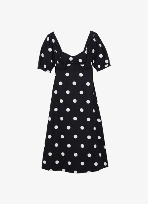 Reiss Astrid midi jurk van linnen met pofmouw - voorkant 5 zwart