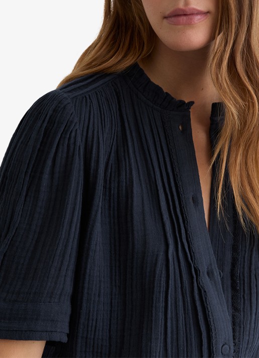 Reiss AURELIA Cotton Cheesecloth Frill-Neck Top - detail 4 donkerblauw
