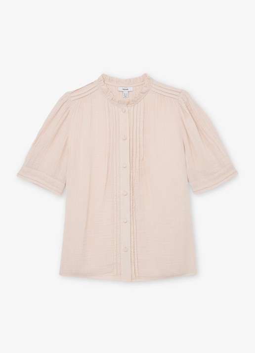 Reiss AURELIA Cotton Cheesecloth Frill-Neck Top - voorkant 2 roze