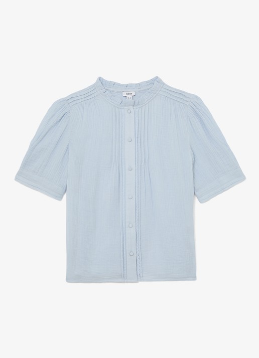 Reiss AURELIA Cotton Cheesecloth Frill-Neck Top - voorkant 6 lichtblauw