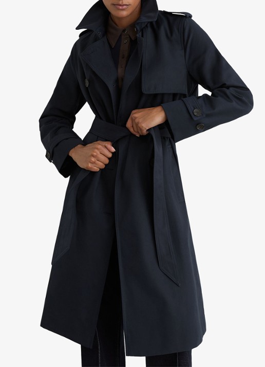 Reiss Azura double-breasted trenchcoat met afneembare capuchon - detail blauw