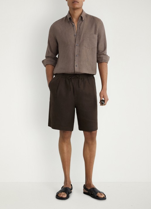 Reiss Barges straight fit korte broek van linnen - voorkant 4 chocoladebruin
