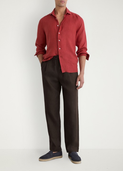 Reiss Barges straight fit pantalon van linnen - voorkant 3 chocoladebruin