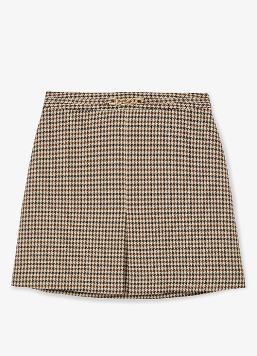 Reiss Beatrix minirok in wolblend met pied-de-poule dessin  - voorkant beige