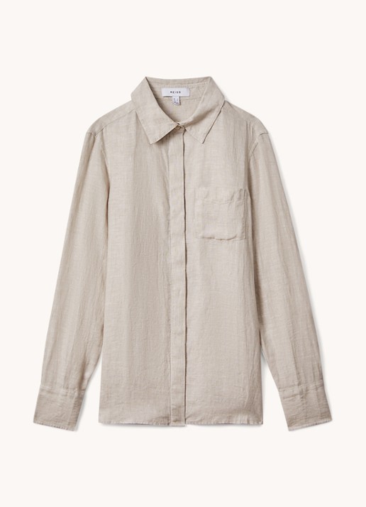 Reiss Belle blouse van linnen met borstzak - voorkant 3 beige