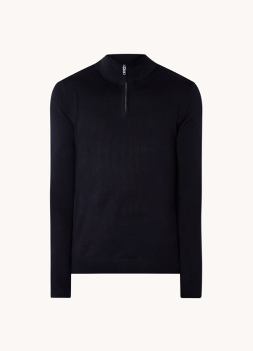 Reiss Blackhall fijngebreide pullover van merino wol met halve rits  - voorkant donkerblauw