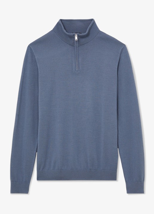 Reiss Blackhall pullover in merino wolblend met halve rits - voorkant staalblauw