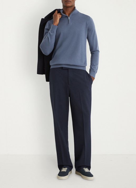 Reiss Blackhall pullover in merino wolblend met halve rits - voorkant 2 staalblauw