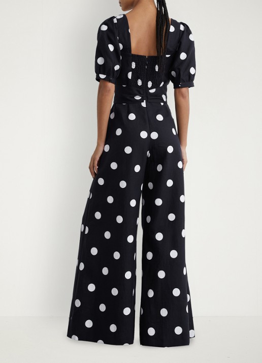 Reiss Brook wide fit jumpsuit van linnen met stippenprint - achterkant donkerblauw
