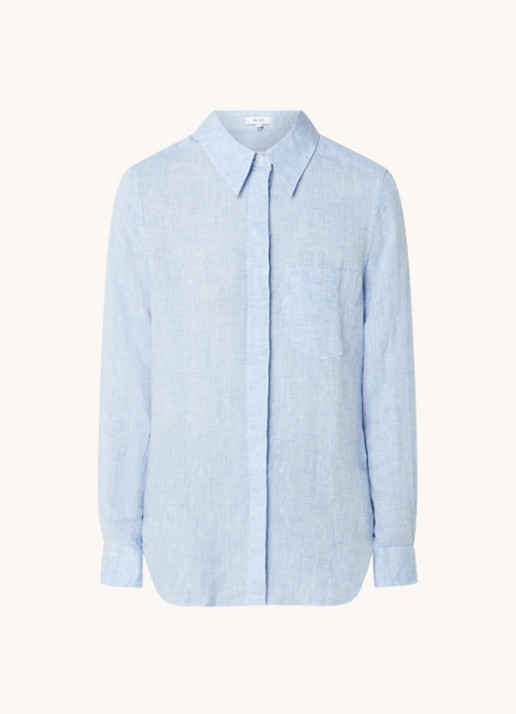 Reiss Campbell blouse van linnen met borstzak en gemêleerd dessin - voorkant 3 lichtblauw