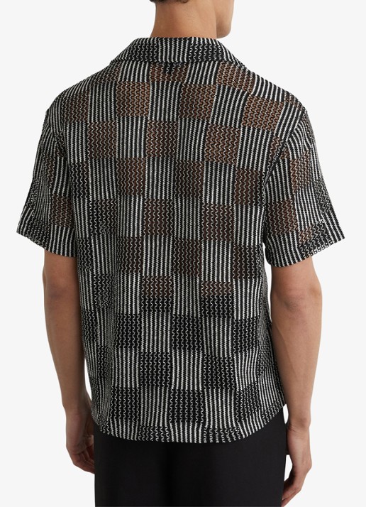 Reiss CARLOS Checkerboard Crochet Cuban Collar Shirt - achterkant 4 black / zwart