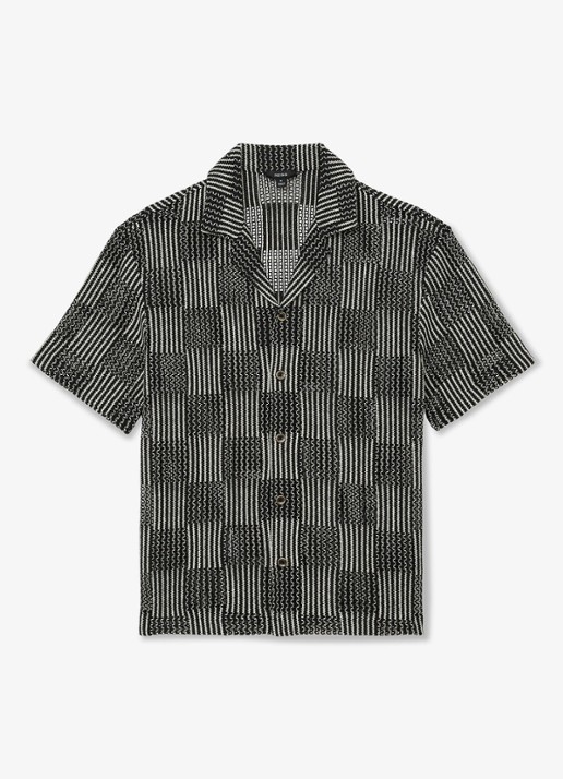 Reiss CARLOS Checkerboard Crochet Cuban Collar Shirt - voorkant black / zwart