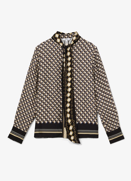 Reiss Carmine blouse met sjaalkraag met print - voorkant donkerblauw