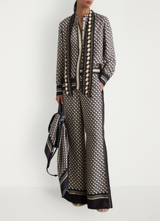 Reiss Carmine blouse met sjaalkraag met print - voorkant 2 donkerblauw