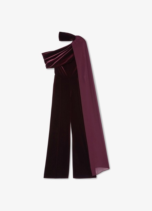 Reiss Carrie gedrapeerde jumpsuit van fluweel - voorkant bordeauxrood