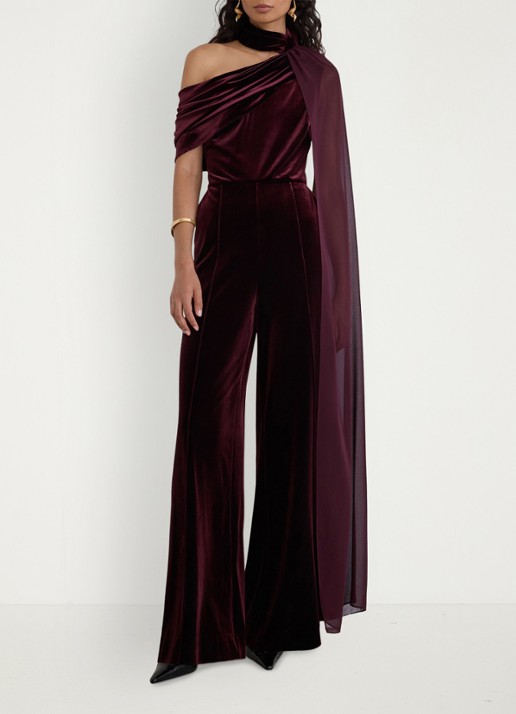 Reiss Carrie gedrapeerde jumpsuit van fluweel - voorkant 2 bordeauxrood