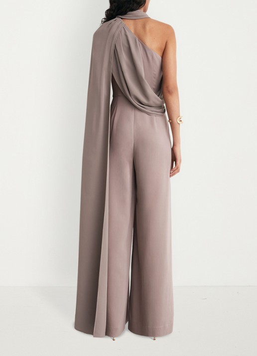 Reiss Carrie one shoulder wide fit jumpsuit met cape - achterkant 5 donkerbeige