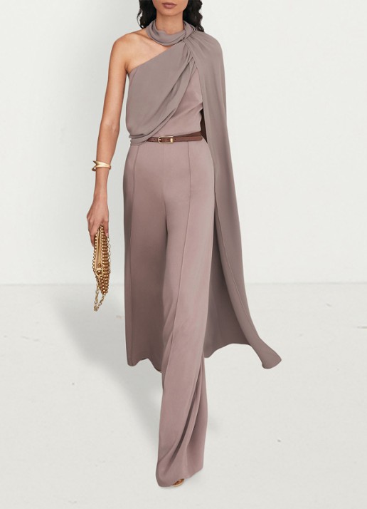 Reiss Carrie one shoulder wide fit jumpsuit met cape - detail donkerbeige