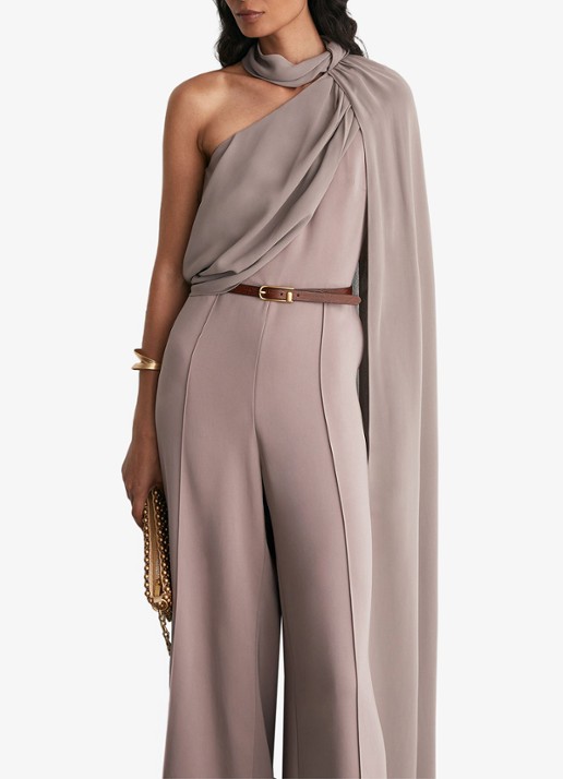 Reiss Carrie one shoulder wide fit jumpsuit met cape - detail 2 donkerbeige