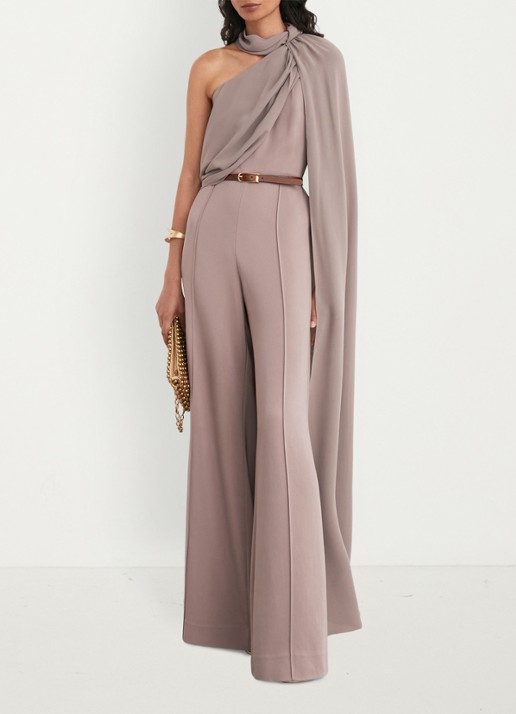 Reiss Carrie one shoulder wide fit jumpsuit met cape - detail 4 donkerbeige