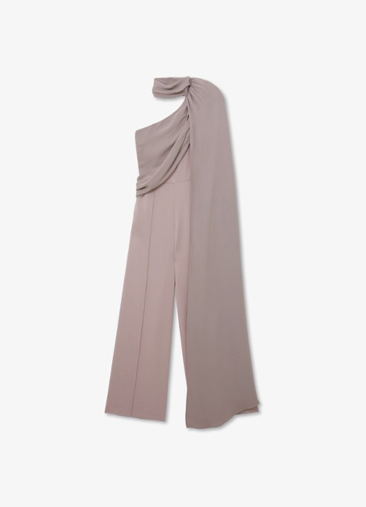 Reiss Carrie one shoulder wide fit jumpsuit met cape - voorkant 6 donkerbeige