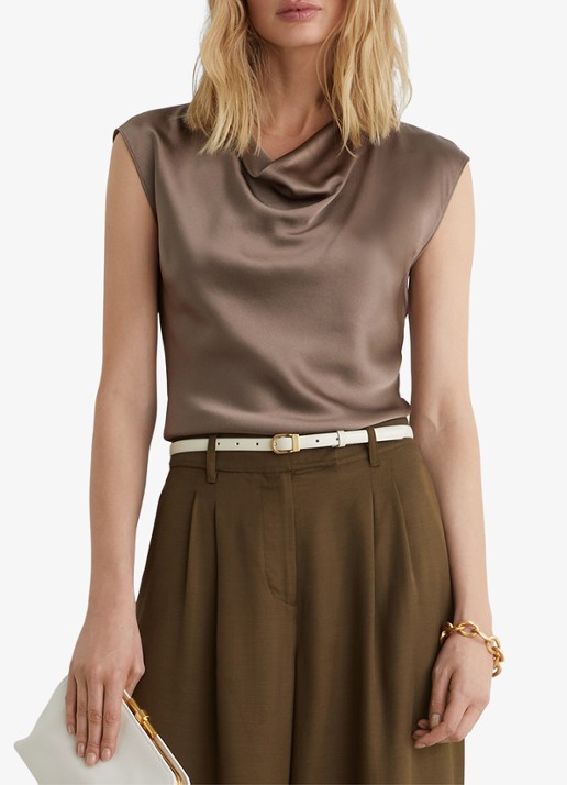 Reiss Cate top van zijde met watervalhals - detail bruin