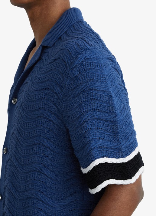 Reiss CIRO Cotton-Blend Wave-Knit Tipped Shirt - detail 4 donkerblauw