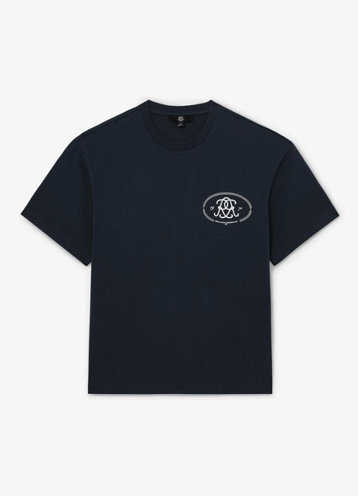 Reiss CLEMENT Monogram-Print Pigment-Dyed Relaxed T-Shirt - voorkant donkerblauw